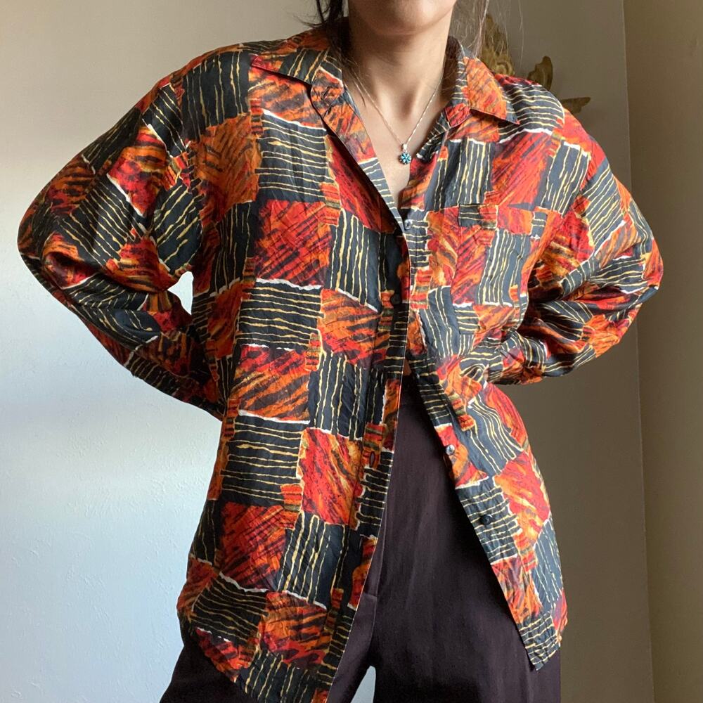 vintage patterned silk button down - image 1